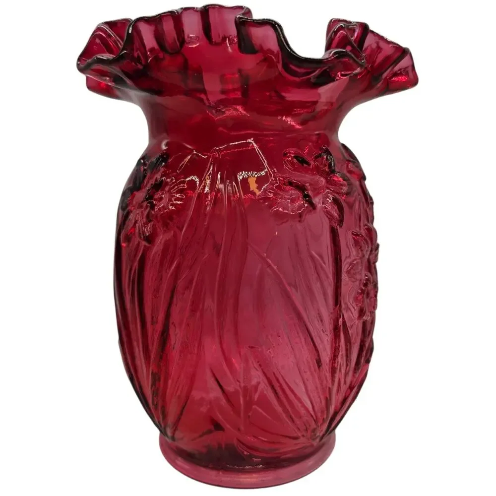 VINTAGE FENTON CRANBERRY RUFFLED DAFFODIL VASE CRIMPED RUFFLED TOP 8